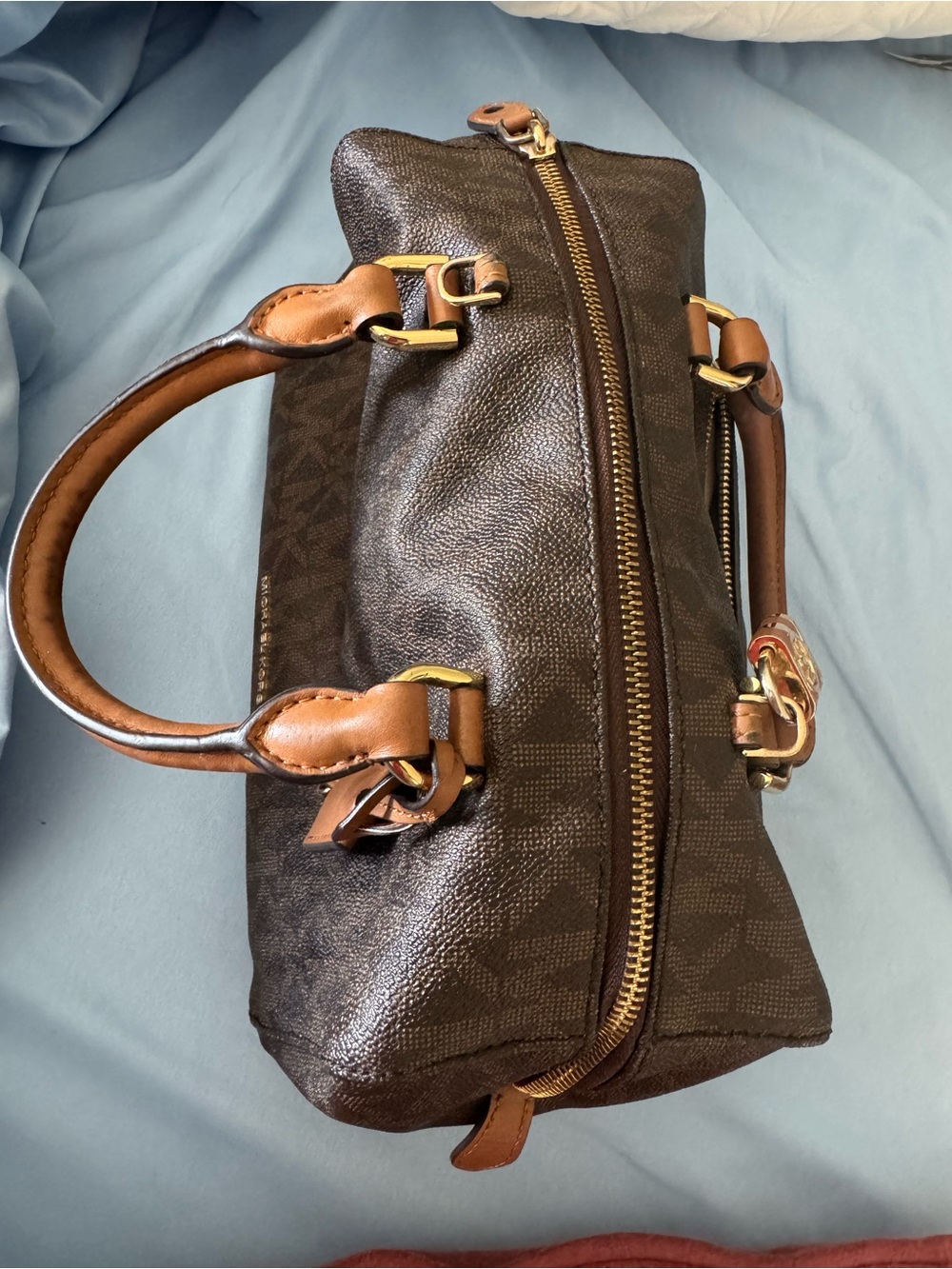 Michael Kors Brown MK Logo Duffel with Tan Handles and Gold Hardware - Picture 3 of 11